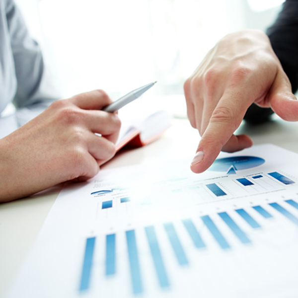 Two professionals analyze charts for business advisory services
