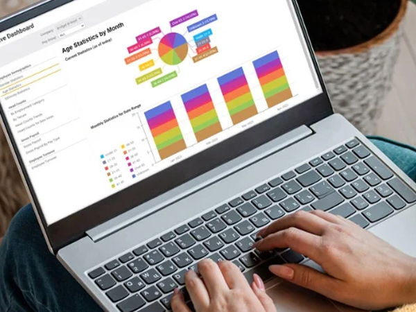 Payroll services dashboard with charts and reports displayed on laptop