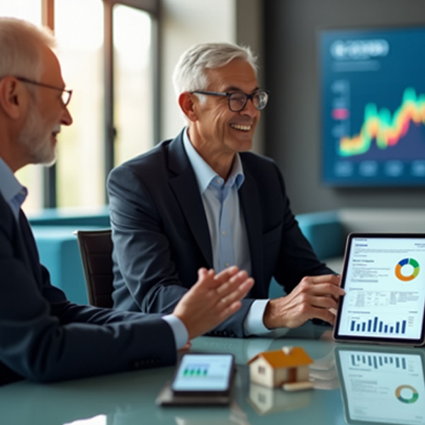 Two men discuss SMSF Accounting Services with a tablet