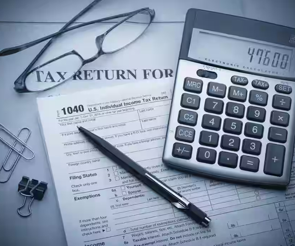 A desk with a calculator, pen, glasses, and a tax return services form